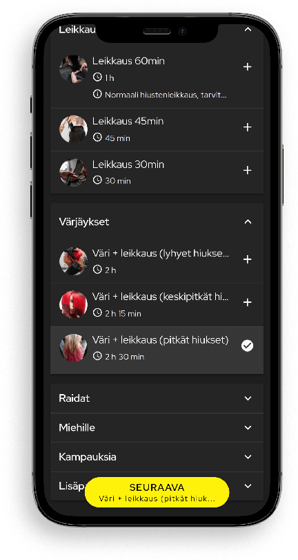 Selezione del servizio sulla pagina di prenotazione di Slotti visualizzata su uno schermo di smartphone