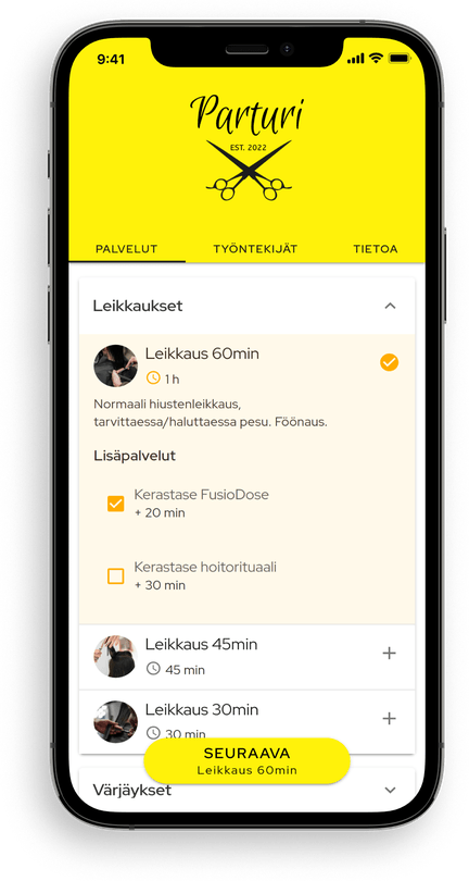 Selezione del servizio sulla pagina di prenotazione di Slotti visualizzata su uno schermo di smartphone
