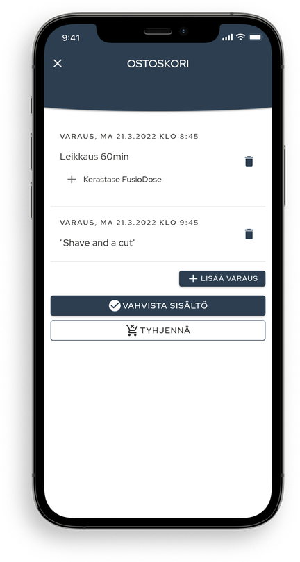 Carrello delle prenotazioni sulla pagina di prenotazione dal punto di vista del cliente visualizzato su uno schermo di smartphone