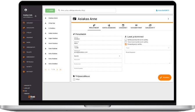 Il registro dei clienti di Slotti visualizzato sullo schermo di un laptop