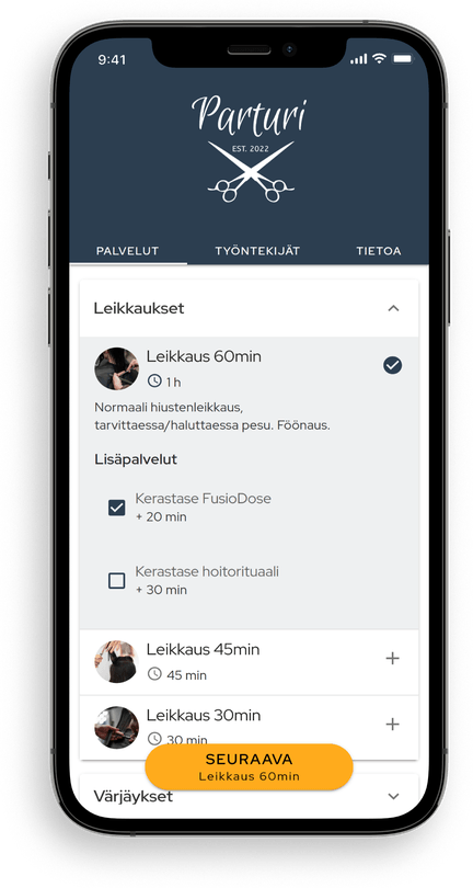 Selezione del servizio sulla pagina di prenotazione di Slotti visualizzata su uno schermo di smartphone